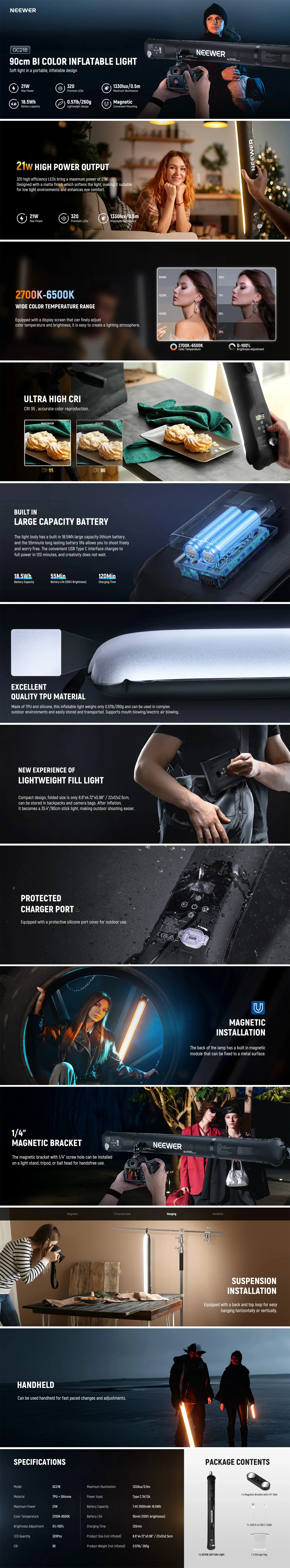 NEEWER BASICS 21 W zweifarbige tragbare aufblasbare LED-Röhrenleuchte 35,5 Zoll/90 cm 35,5 Zoll/90 cm für Studiofotografie-Videoaufzeichnung – Detail 1