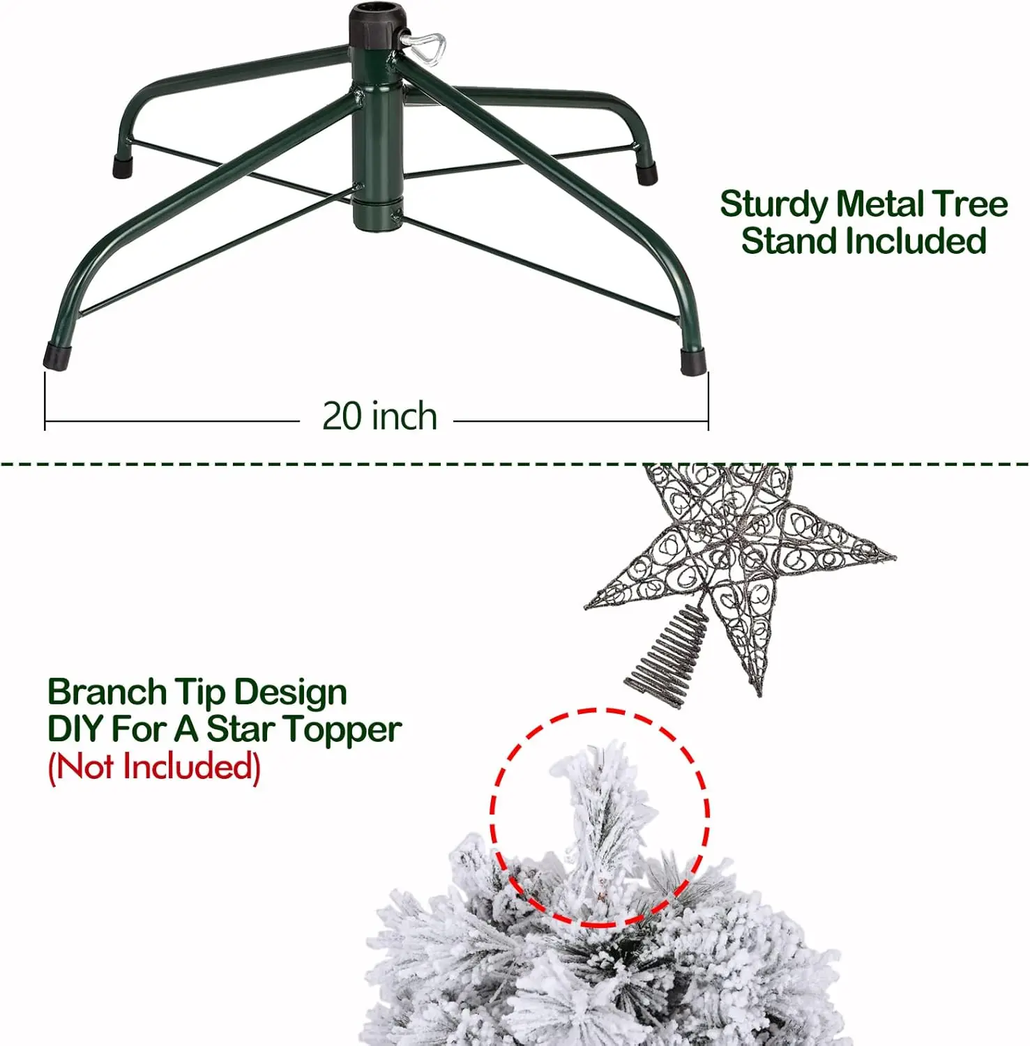 Pohon Natal salju menggumpal 6.5 kaki, pohon Natal buatan dengan runjung pinus, 250 lampu putih hangat, ujung 1032, dudukan logam