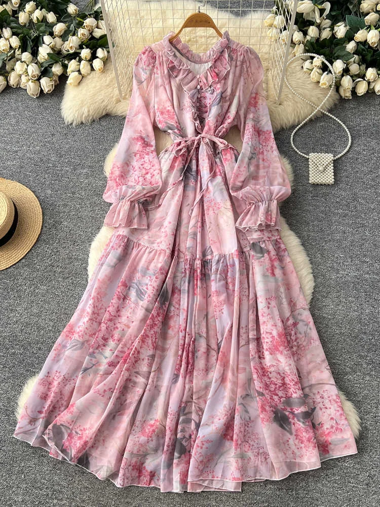 Women's Spring Autumn Long Sleeved Chiffon Dress with Wooden Ear Edge Waist  Closing Floral Holiday Big Hem Long Dress D2460 - AliExpress 200000345