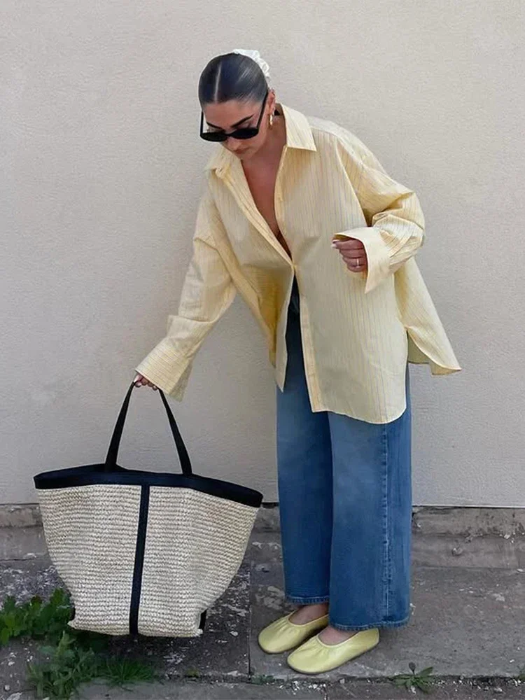 Gestreept Revers Kraag Shirt Dames Modieus Single-breasted Lange Mouwen Split Zoom 2025, Nieuwe Zomer Nieuwe Vrouwelijke Chic Shirt