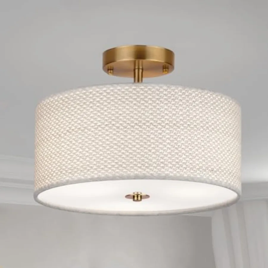 

13" Boho Rattan-Style Semi Flush Mount Ceiling Light Fixture 3-Light Modern Fabric Shade Drum Lamp Rustic Lighting for Bedroom