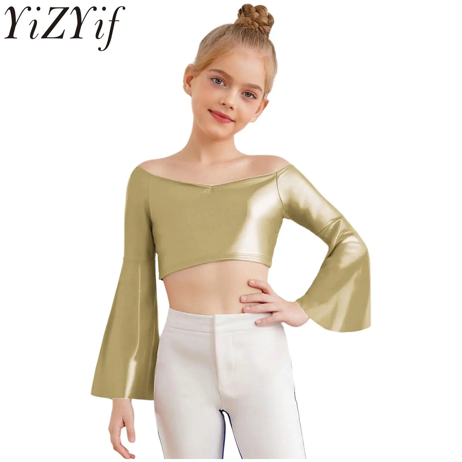 

Детский укороченный топ для латинских джазовых танцев для девочек, металлические топы с длинными расклешенными рукавами и расклешенными рукавами для вечеринок, танцев на пилоне