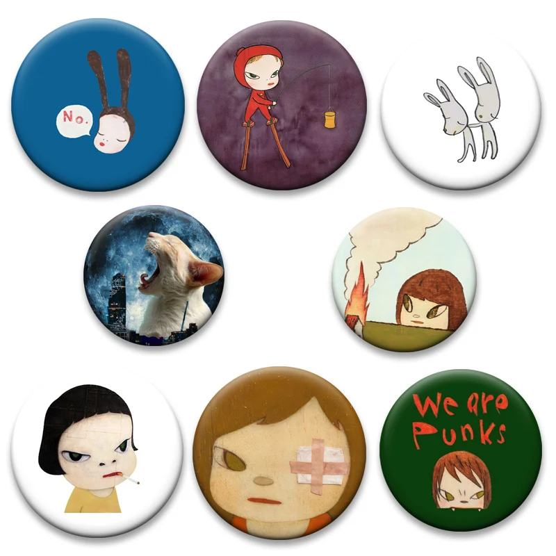 

Yoshitomo Nara Anime Brooches on Backpack Decoration 32/58mm Round Cartoon Badge Funn Cute Cat Pins Fashion Jewelry Accessories