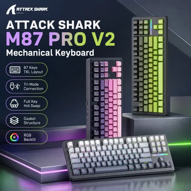 ATTACK SHARK M87 PRO V2 Wireless Mechanical Keyboard Bluetooth 5.0 2.4G USB C Hot Swappable RGB 5000mAh TKL for PC Esports Gamer