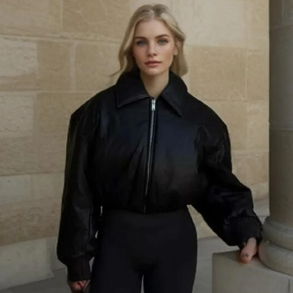 Abrigo con hombros caídos, Parka corta de manga larga, prendas de vestir exteriores, negro, marrón, invierno 2025, solapa para mujer, cremallera, pan de piel sintética