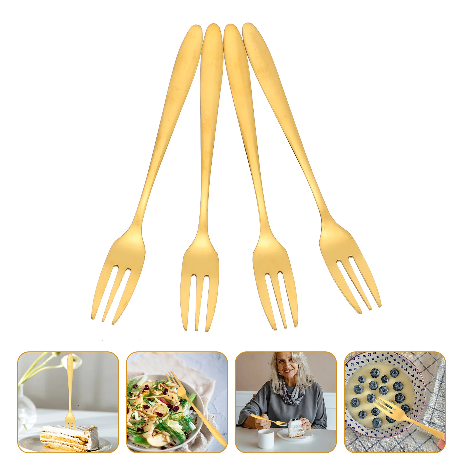 4 Pcs Cake Fork Party Tabletop Forks Snacks Kitchen Gadget Moon Golden Three Prong Toothpicks