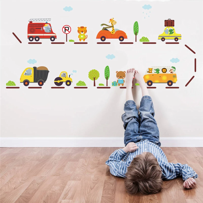 Animal City Bus Stop Cars Transportation Wall Sticker For Kids Bedoom Decor Nursery Safari DecalMural Art Diy Home Decoration