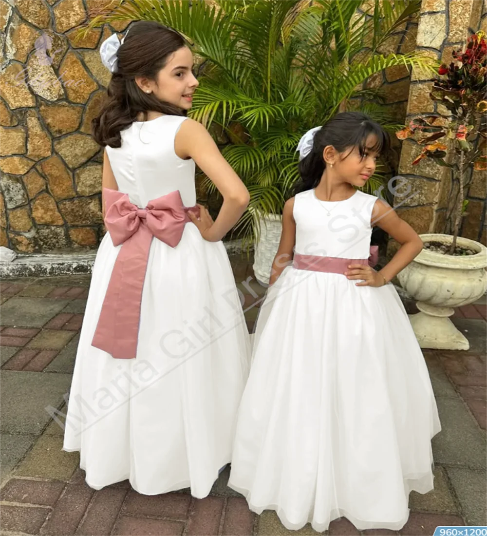 Ivory Elegant Flower Girl Dress Fluffy Satin with Mesh Pink Belt For First Communion Dress Princess Birthday