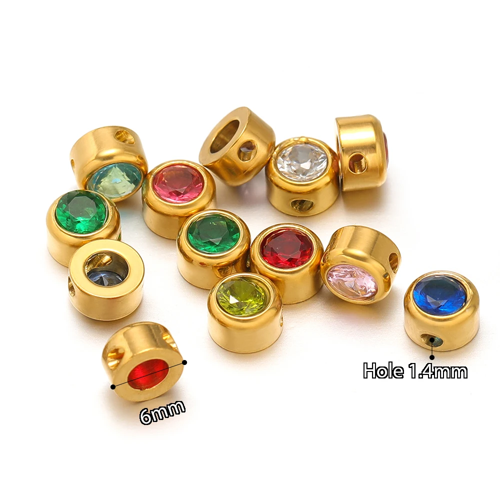 10pcs Stainless Steel 12 Months Birthstone 6mm Round Zircon Spacer Beads Jewelry Findings DIY Necklace Bracelets Earrings Making
