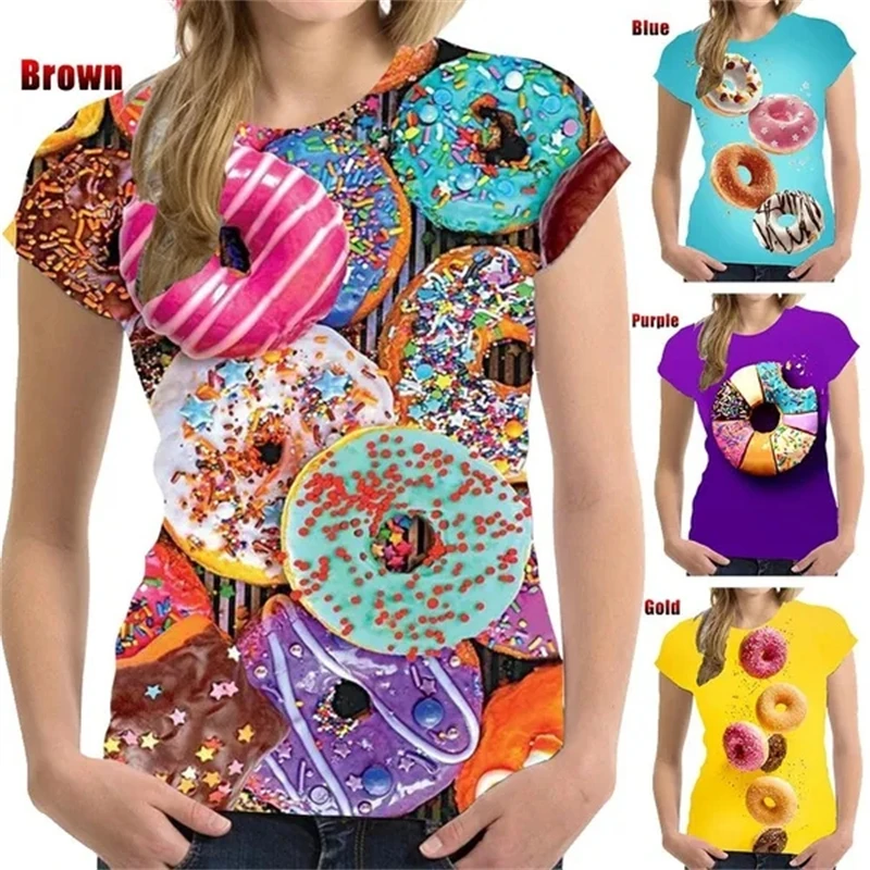 New Summer Fashion Women's Casual T-shirt 3D Chocolate Donut Print Food Bread Funny Short Sleeve Cute Tops Tshirt Female Clothes