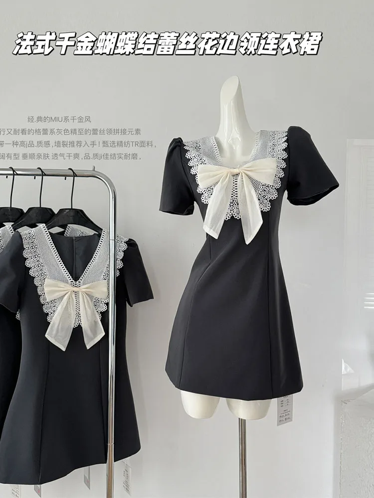 New Fashion Luxury Sweet Bow A-line Dress Autumn Women O-Neck Elegant Design Mini Dress French Style Trend Slim One-Piece Frocks