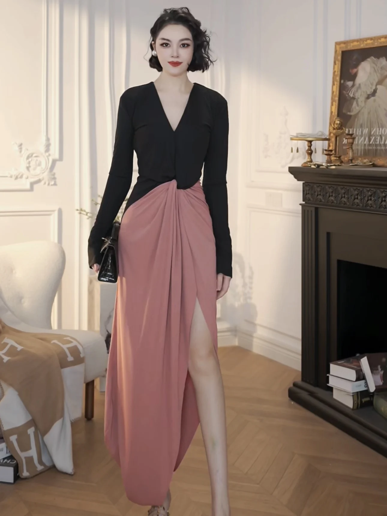 

Sexy Long Sve V-Ne Dr Women's Color Blo Knot Waist Slim Fit Design Long Dr Polyester Fiber Medium Stretch X Version