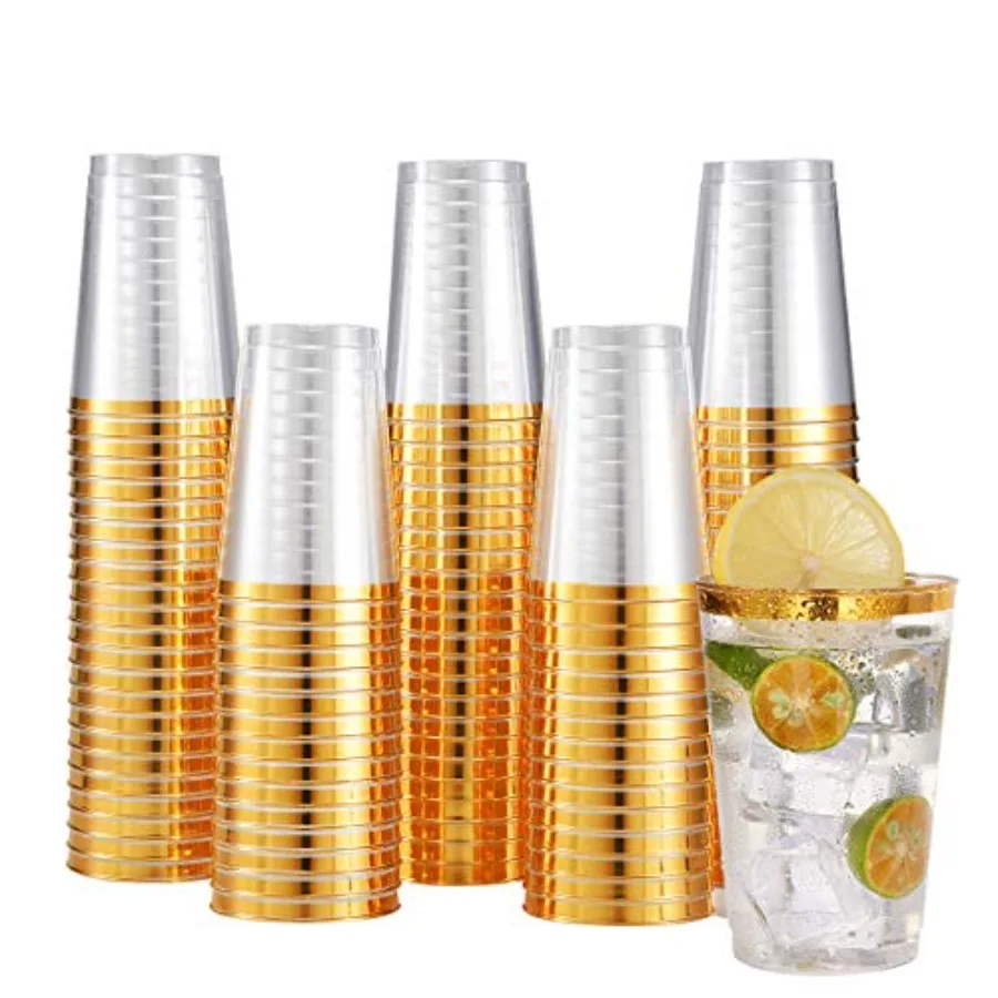 

100 Pack 12 oz Gold Plastic Cups Tumblers Elegant Gold Rimmed Disposable Cups Perfect for Thanksgiving Day Christmas