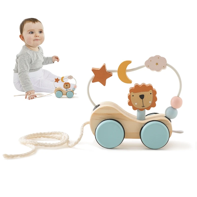 Wooden Baby Trailer Car Toys Beech Wooden Dinosaur Lion Tractor Car Star Moon Slider Beads Montessori Toys For Children Toys