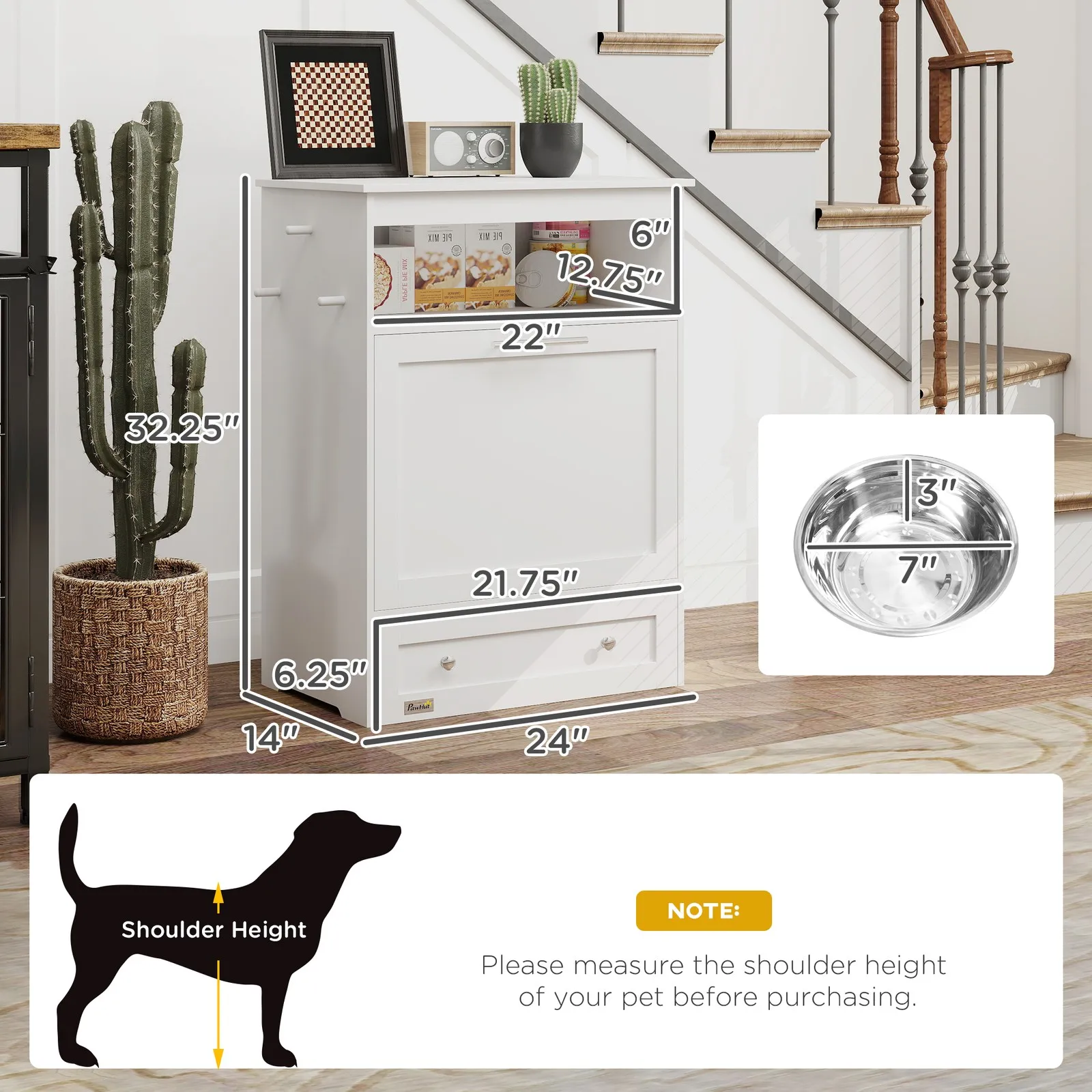 Pet Feeder Station, Dog and Cat Food Storage Feeding Station Food Cabinet White view 3