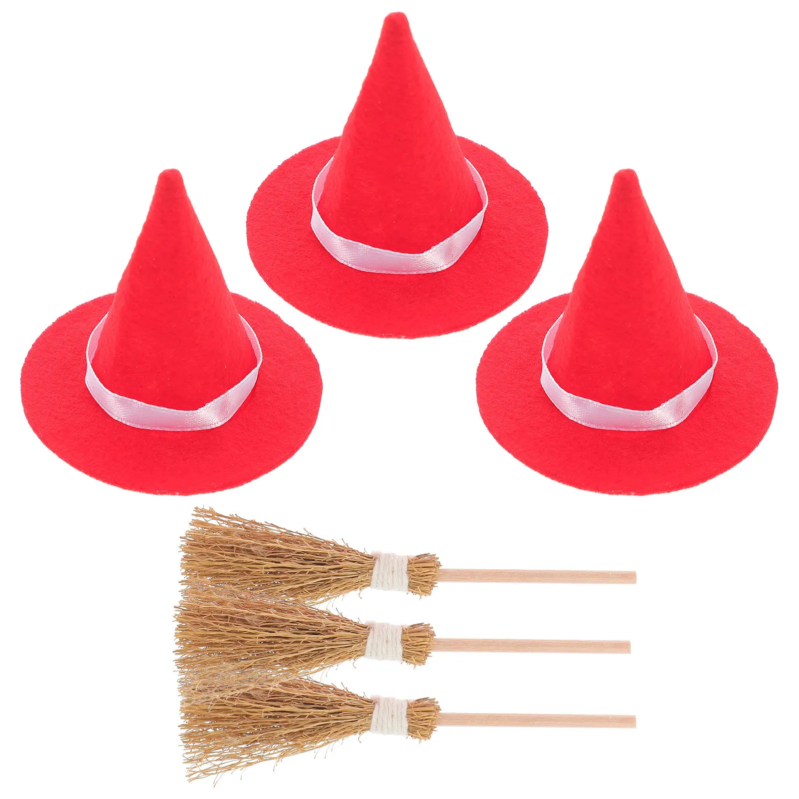 

3Set Hat Broom Set Felt Wood Grass Material Halloween Party Decoration Craft Supplies Witch Decor Tiny Hat Broom