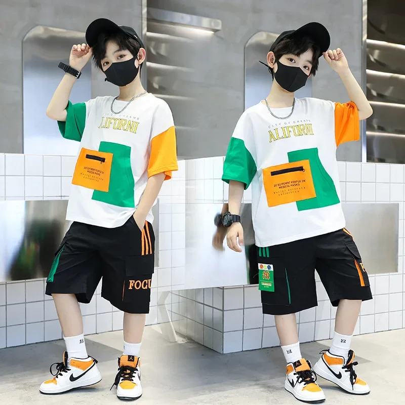 2024 summer Teenager Boys Clothes Casual Outfit Kids Tracksuit Child t shirt + shorts hot pant 4 5 6 7 8 9 10 12 11 13 14 Year