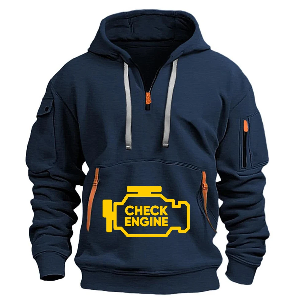 Mechanic Auto Repair Check Engine Light Print 2025 Men's Fashion Casual Multi-pocket Sports Sweatshirt Half Zip Hooded Pullover