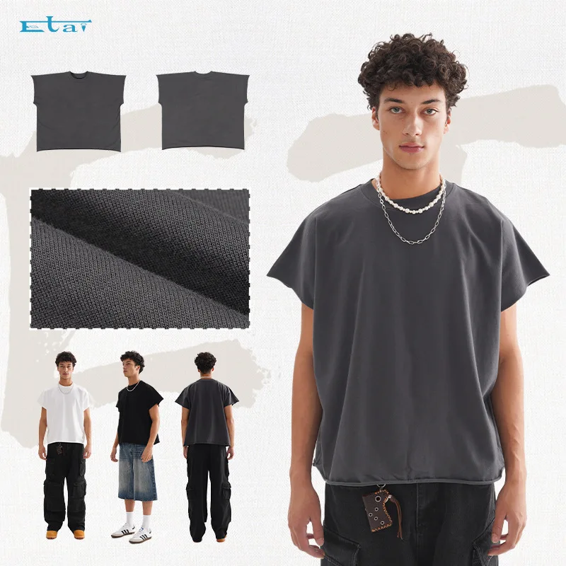 2026 New Versatile Solid Color Loose Short Sleeve Men Cotton Tee Heavyweight Raw Edge Casual Streetwear High Basic Short T shirt