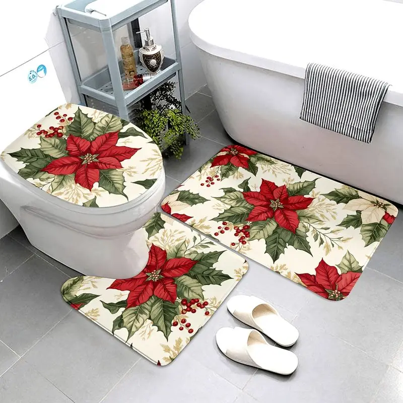 VIKAMA Christmas Bath Mat Poinsettia Holly Berry Print Non Slip Absorbent Rug For Bathroom Shower Xmas Home Decoration