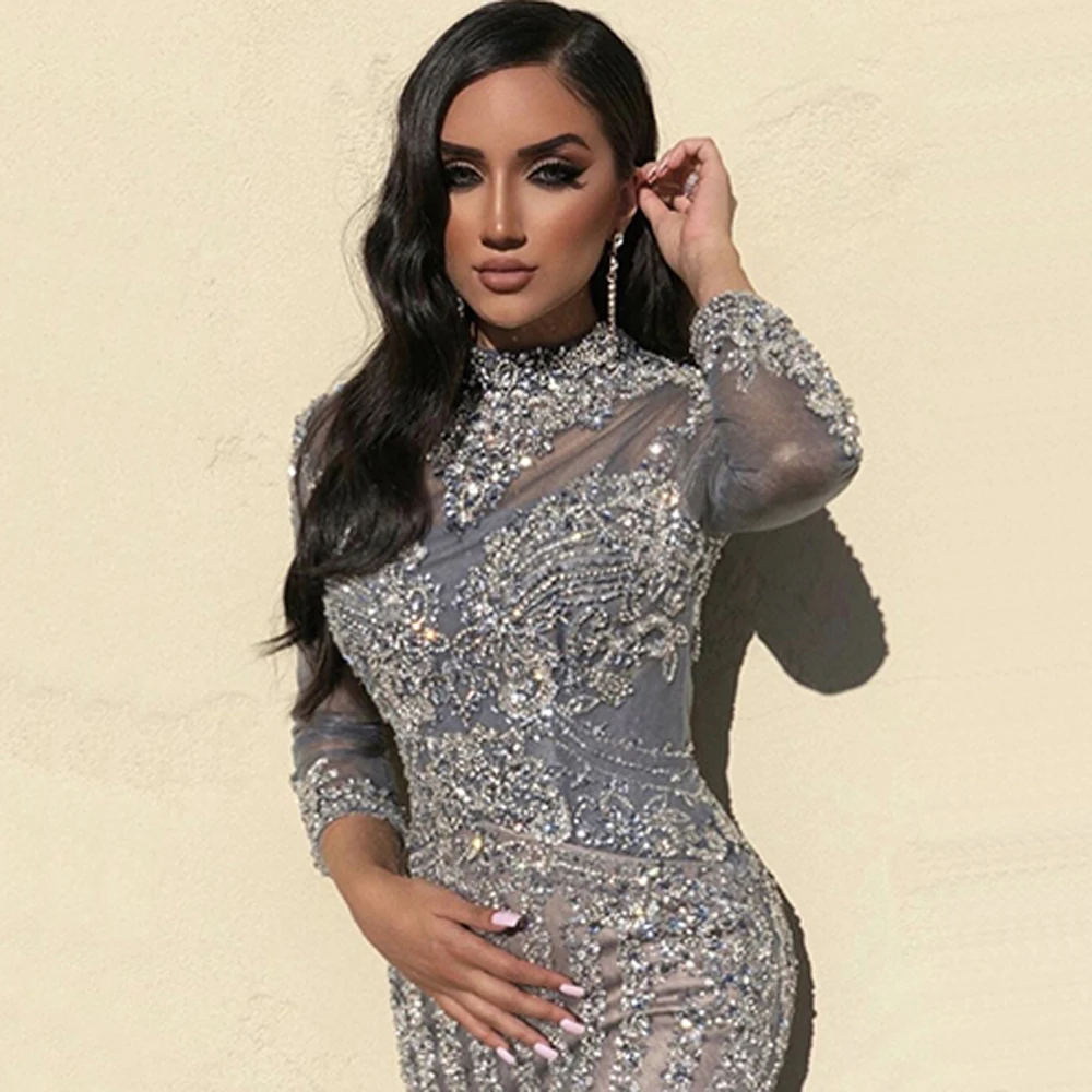 Grey Illusion Sequin Evening Dresses Crystal Luxury Dubai Arabic Beaded With Belt Formal Party Prom Gowns Vestido Customized