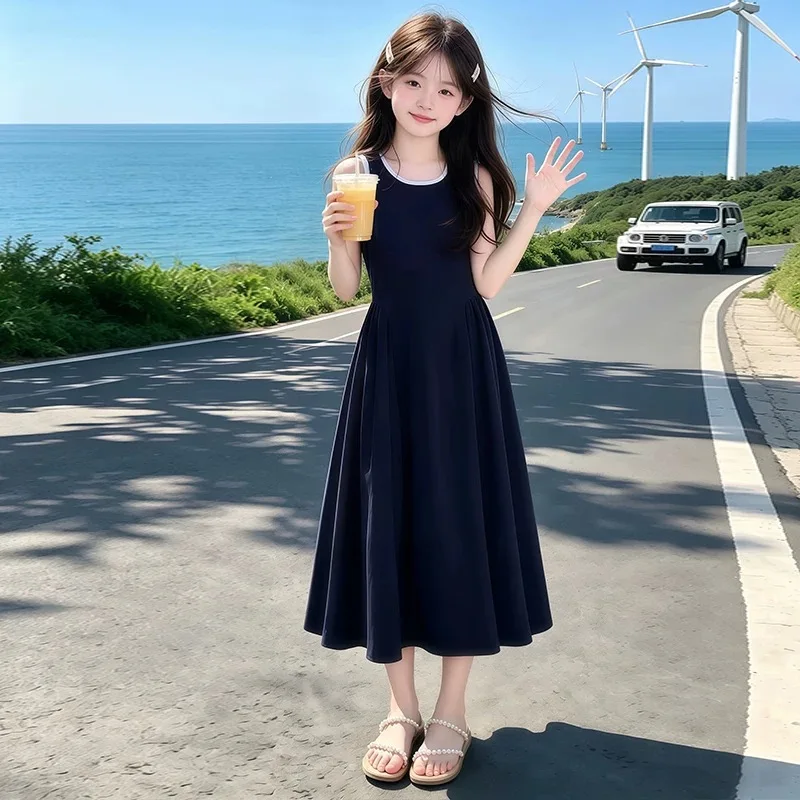 Girls' Vest Dress, New Summer Style, Fashionable Academic for Little Girls, Children's Navy Blue Knee-length Dress