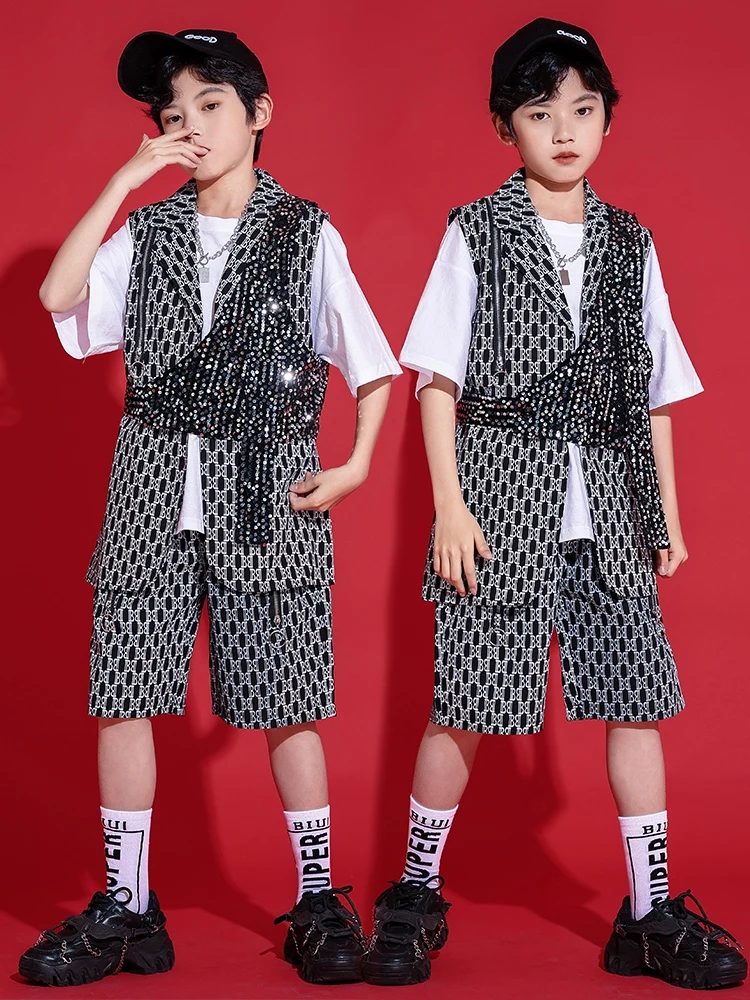 Street Dance Children'S Fashion Boys Hip-Hop Loose Sequin Drum Suit Walking Show Jazz Dance Performance Stage Costumes DQS15621