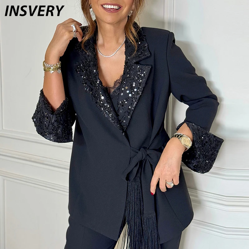 

Autumn Winter Women Fashion Two Piece Set Female Turn Down Collar Long Sleeve Blazer Suit Pants Women Sequins Party Outfits
