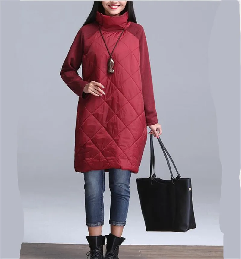 Autumn women dress, long down winter ladies dress,Patchwork Turtleneck down cotton jackets Female Vestidos