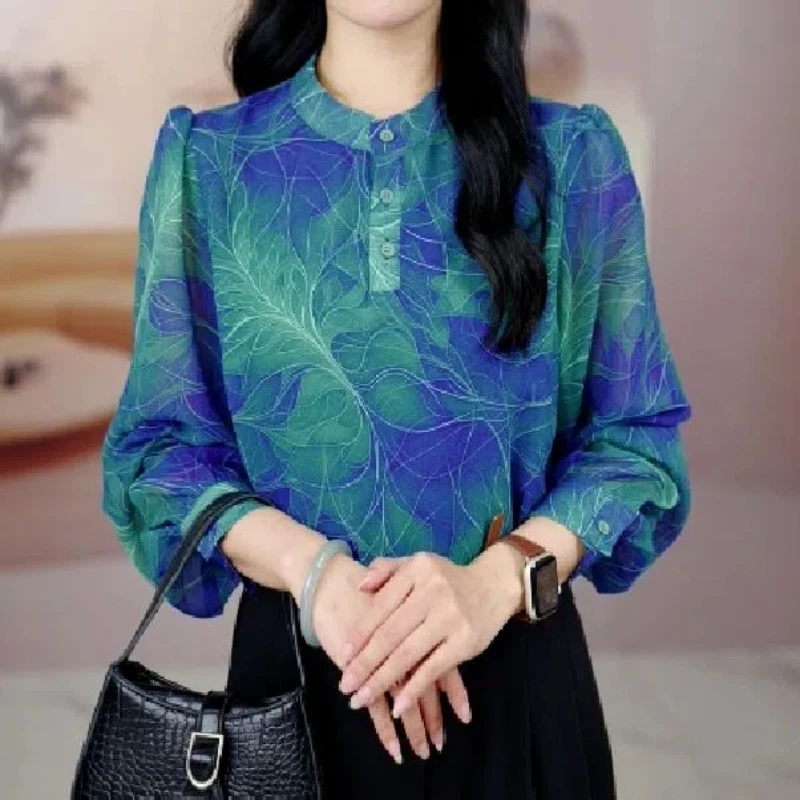 여성 용수철 스플라이싱 단추 프린팅, 세련된 질감 감소 셔츠, 트렌디 드롭 셔츠, 다용도 질감, 가을 신상