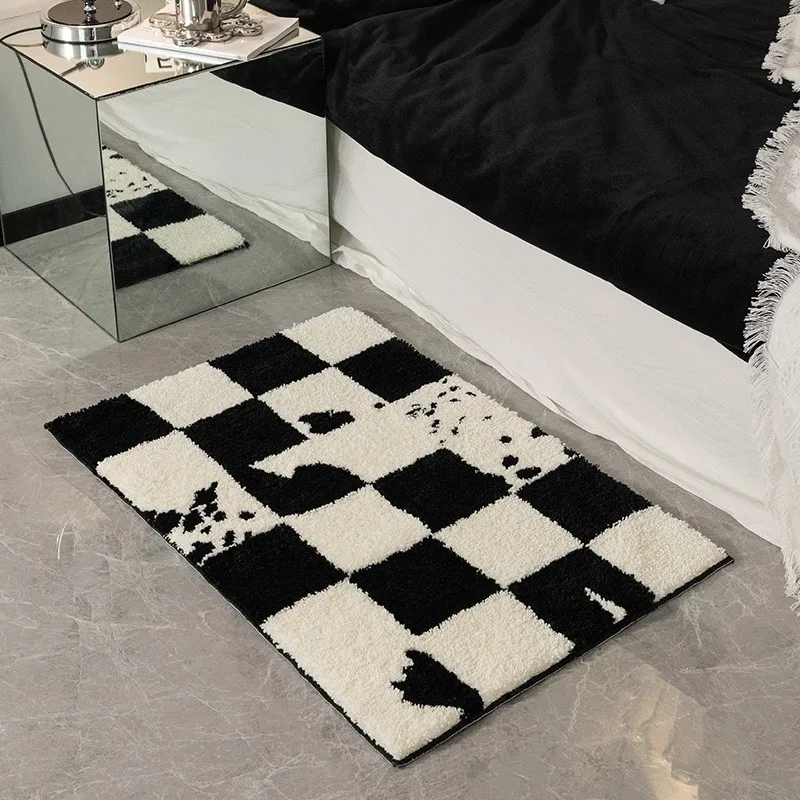 Simple Cool Black Style Flocked Living Room Carpet, Soft Bedroom Bedside Blanket, Checkerboard Decoration