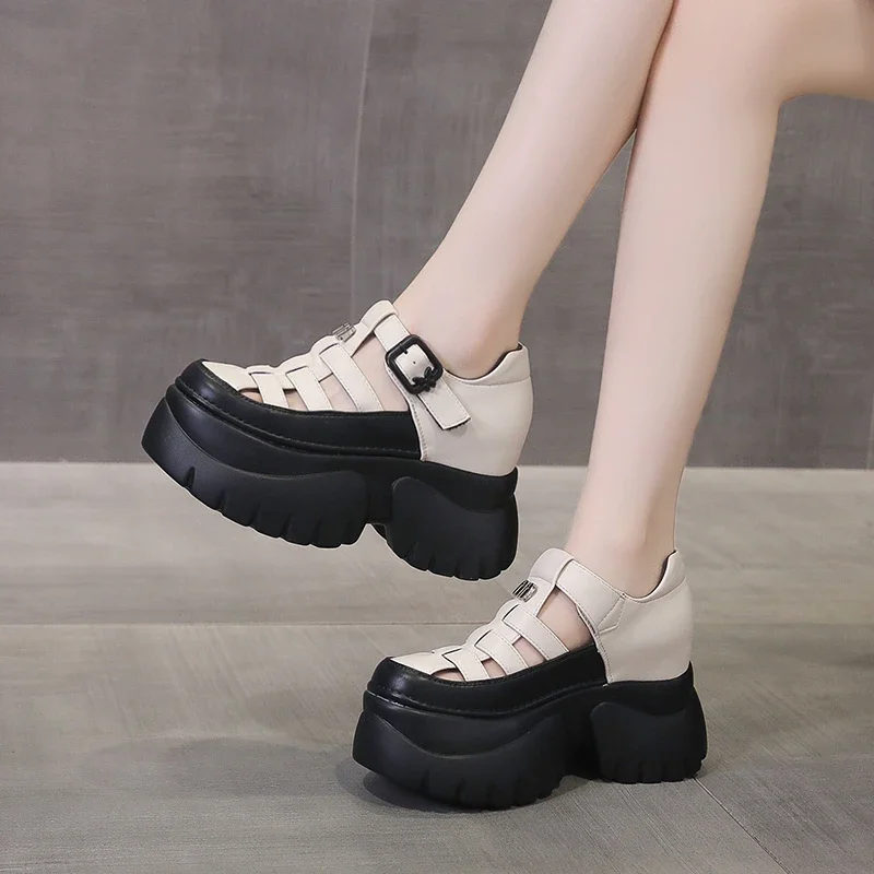 9CM New Women Sandals Comfortable Shoes Buckle Fashion Summer RoundToe Platform Wedge High Hidden Heels Ladies Breathable