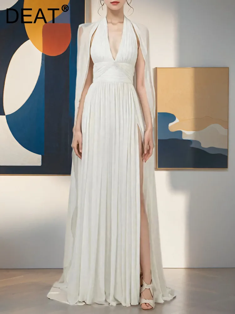 

DEAT Shawl Gauze Sleeve Women's V-neck Dress 2024 Autumn Split High Waist Elegant Party Female Solid Color Dresses 13DA2724