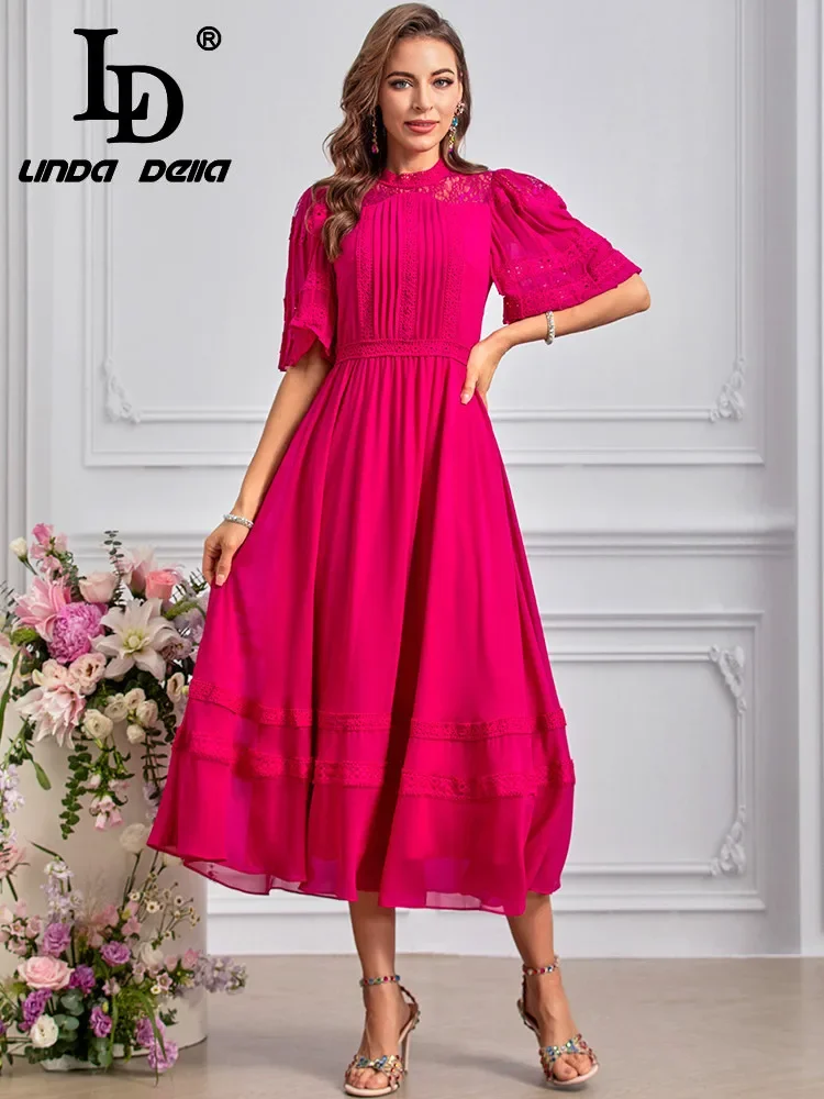 LD LINDA DELLA Fashion Designer Summer Dresses Women's Vintage Solid Color Embroidery Lace Draped Hollow Out Chiffon Dresses