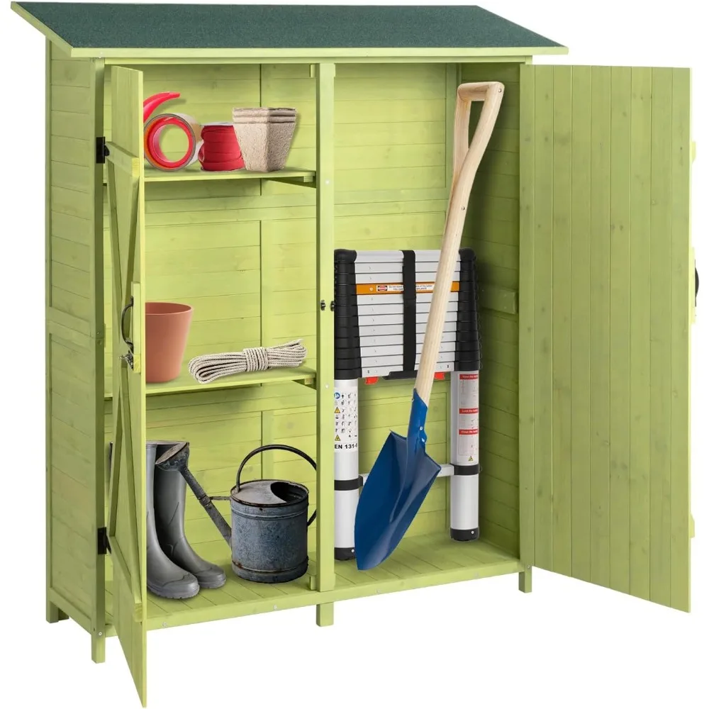 

Outdoor Storage Cabinet with Waterproof Roof, Double Lockable Doors Garden Shed with 2 Removable Shelves, Wooden Storage