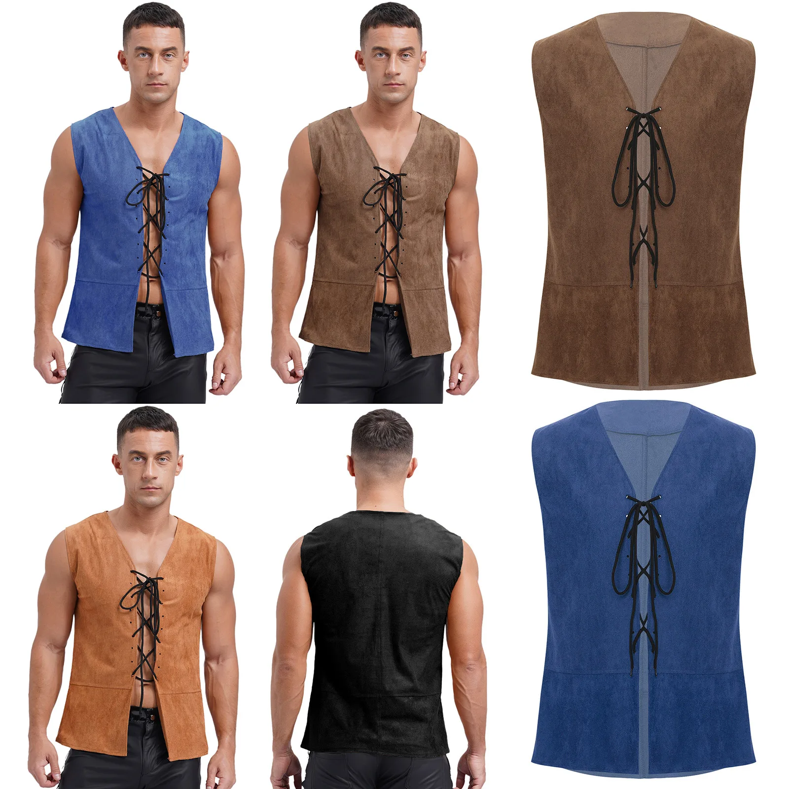 

Mens Pirate Cowboy Cosplay Costumes Vest V Neck Front Lace-up Solid Color Waistcoat for Medieval Halloween Carnival Party