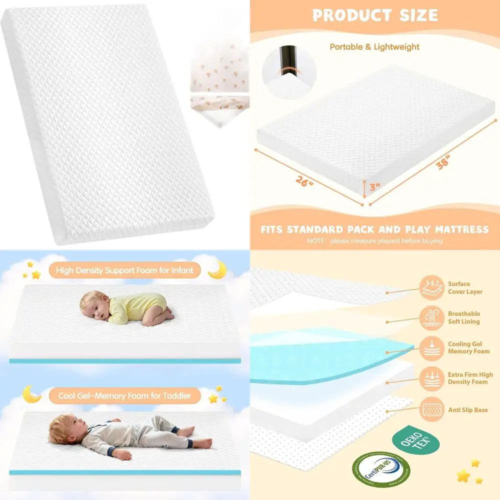 Colchón Pack and Play, colchones N Play de espuma viscoelástica de doble cara de 38 x 26 pulgadas con sábana adicional, colchón portátil para cuna de bebé,