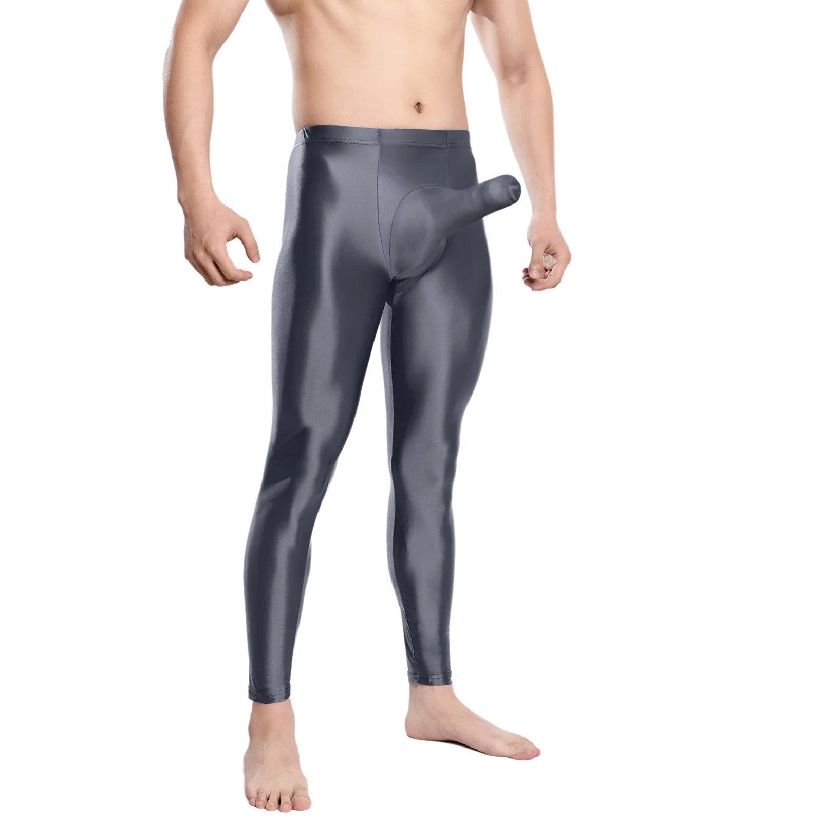 Mens Lingerie Penis Hole Sheath Pouch Tights Pants Glossy Stretchy Tights Sheath Pouch Leggings Compression See Through Trousers