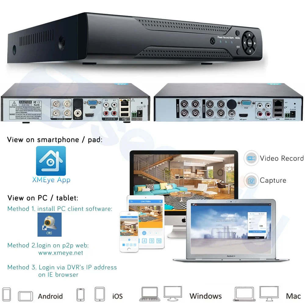 4CH 8CH Onvif CCTV DVR rejestrator hybrydowy H.264 1080N 5 in1 XVR dla kamera AHD analogowy TVI CVI kamera NVR dla IP Cmaera wsparcie Audio