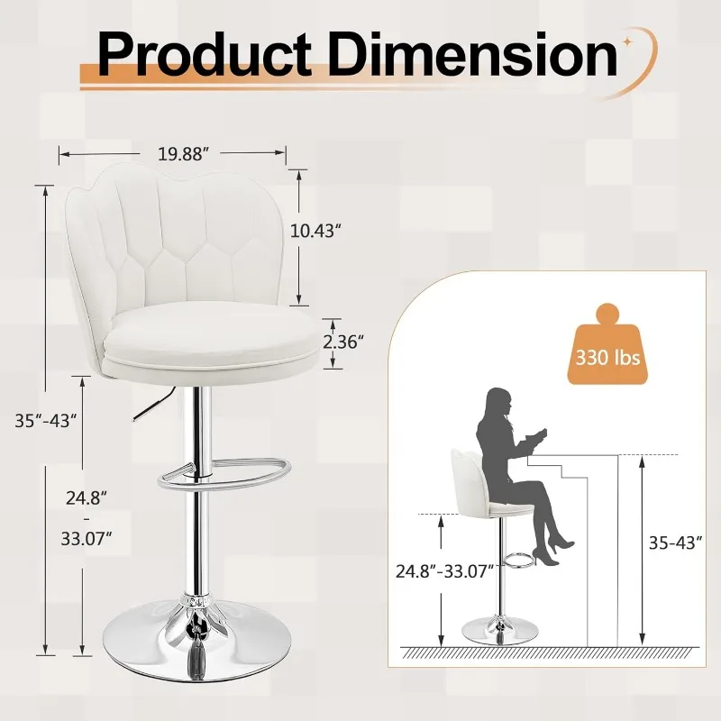 Bar Stools Set of 2, Adjustable Barstools with Back, Velvet Armless Counter Height Stool Kitchen Island Stool Swivel Bar Stools