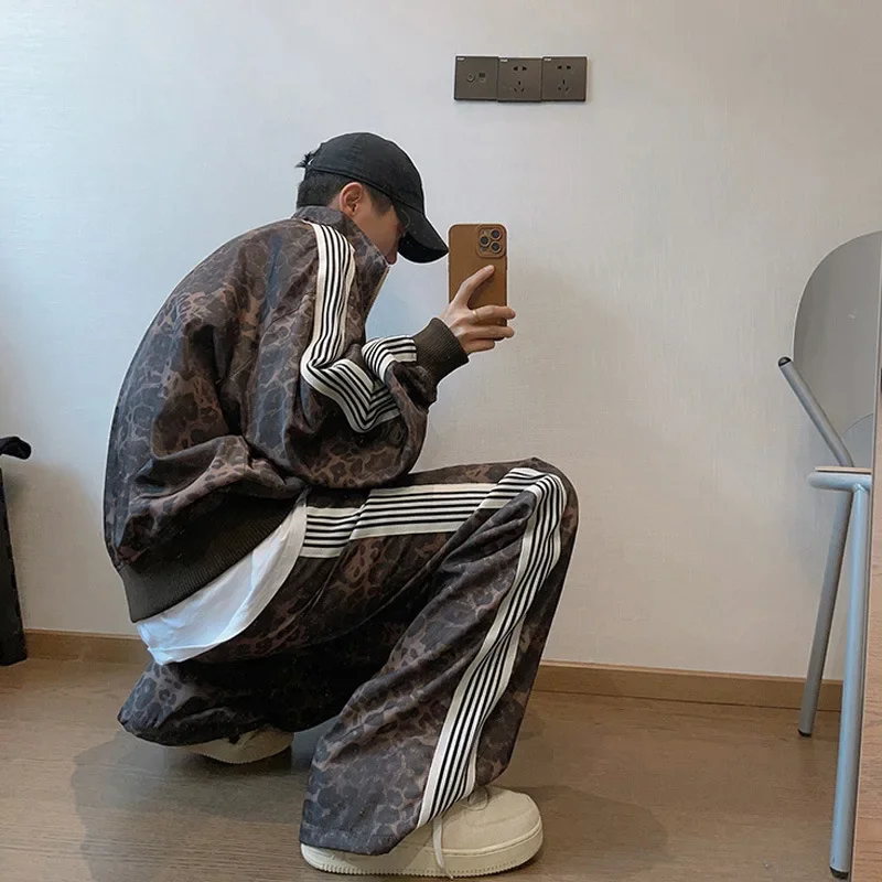 남성용 빈티지 레오파드 무늬 스포츠 세트 재킷 스웻팬츠, 힙합 스타일, 디지털 인쇄 줄무늬 조끼