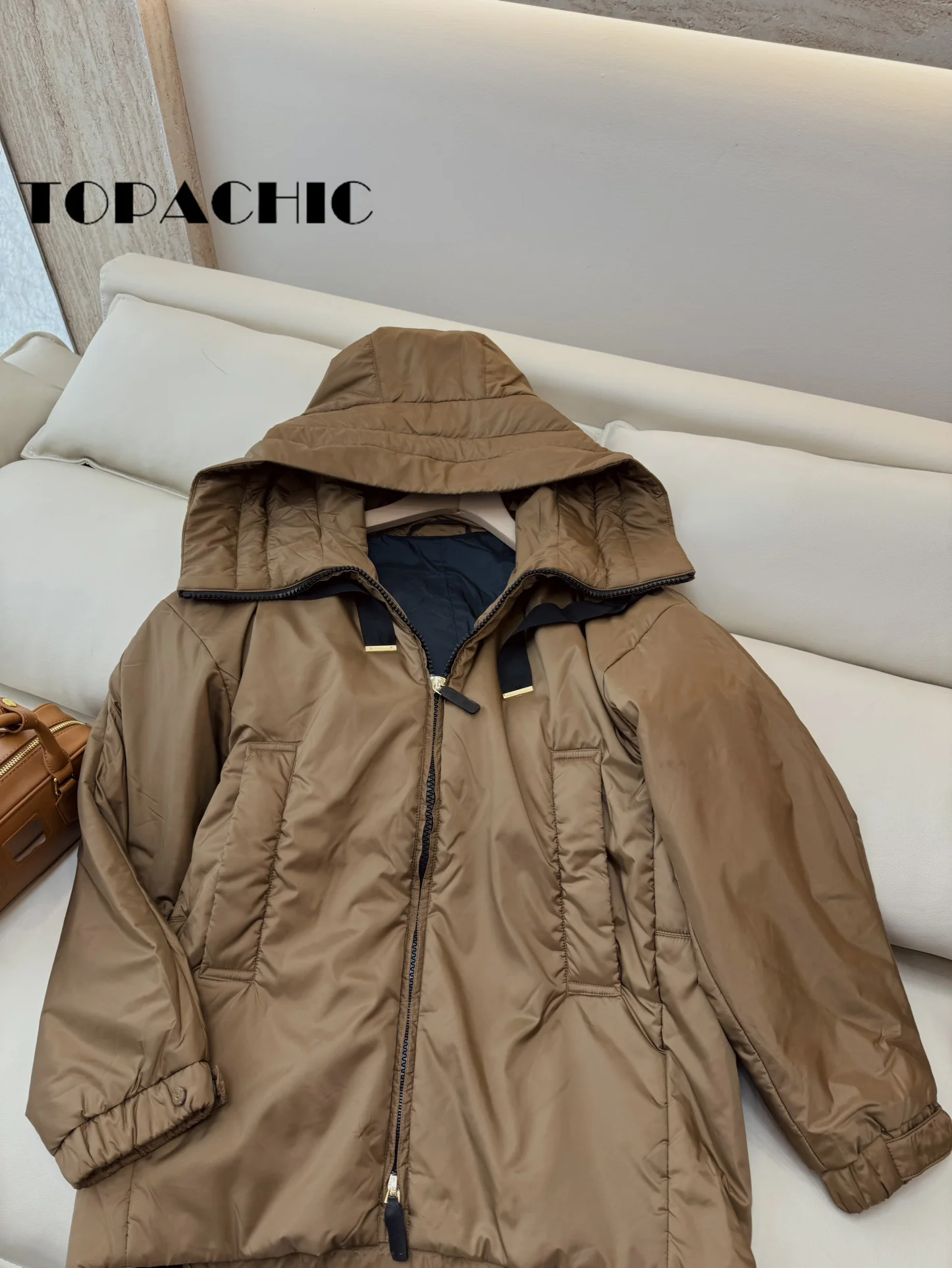 8.28 TOPACHIC-Women Clothes Camel Hair Loose Parkas Hooded Lace-up Long Sleeve Double Zipper Keep-Warm Outerwear