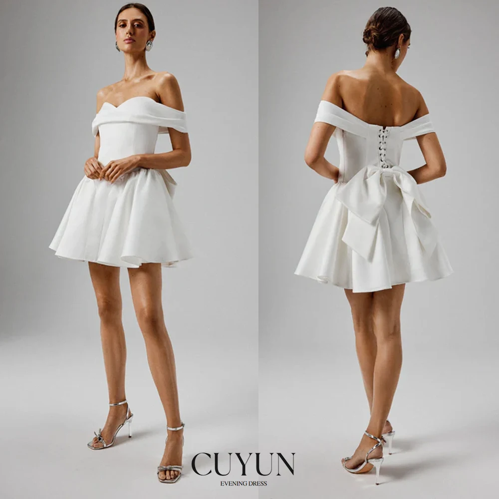 

CUYUN Off the Shoulder Satin Mini Wedding Party Dresses Mini Prom Dresses Customized Corset Short Women's Gown for Wedding Event