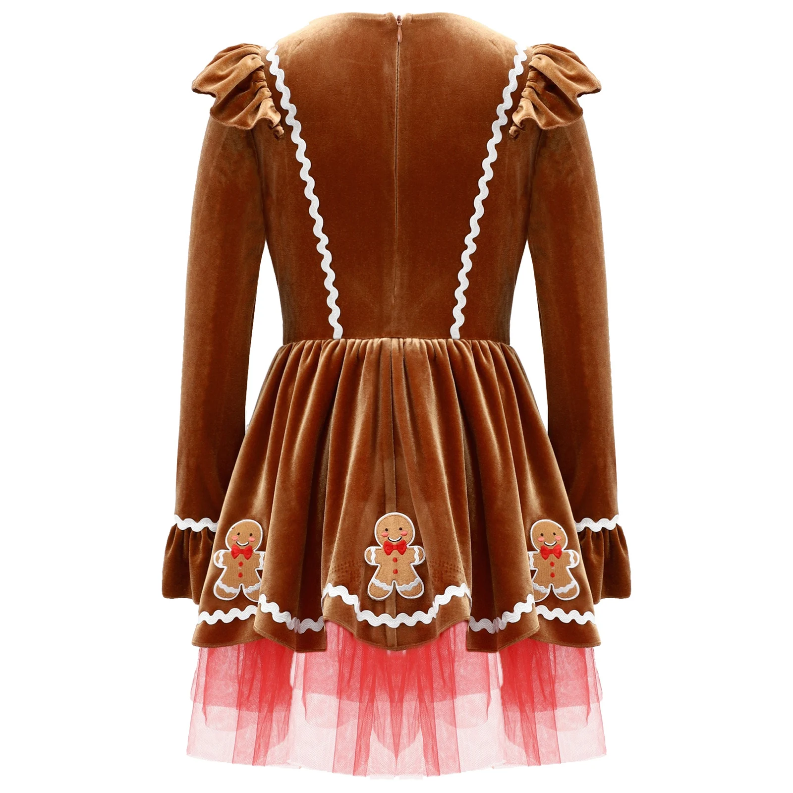Girls Christmas Gingerbread Man Costume Xmas Party Carnival Halloween Cosplay Clothes Long Sleeve Velvet Tutu Dress Dance Wear