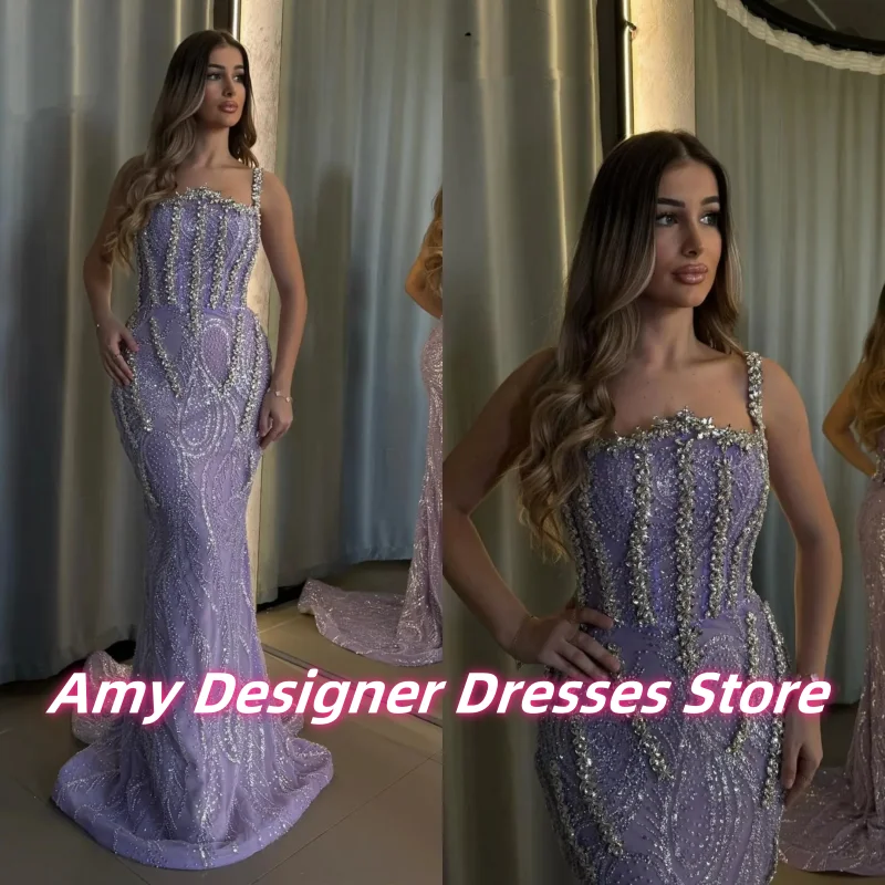 

Purple Slings Luxury Mermaid Evening Dresses For Females Luxury Sequin Beaded Wedding Party Dress Prom Gowns Arabic Customized