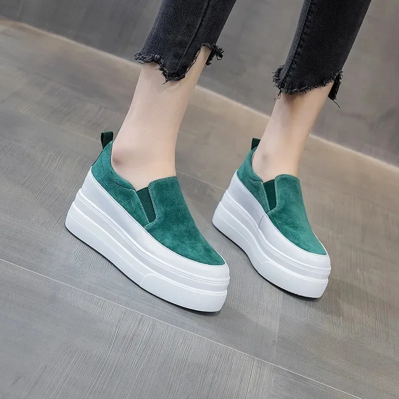 Genuine Leather women shoes platform wedge Sneakers chunky shoes slip on slipon Black women casual shoes slipony Spring Autumn