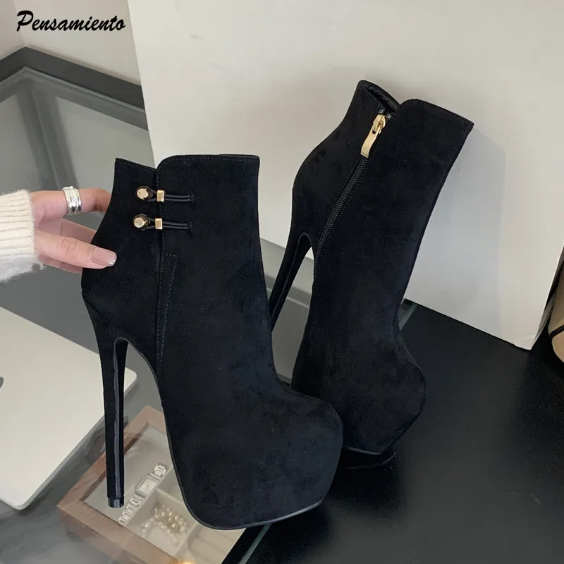 

16cm Ultra High heels Faux Suede Women Ankle Boots Autumn Winter Fashion Platform Wedges Chunky Motorcycle Boots Party Shoes