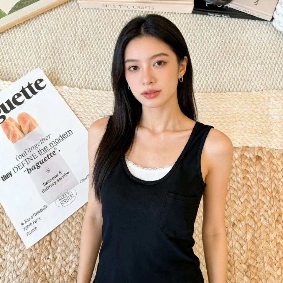 Summer New Pure Desire Stripe Pattern Women's Slim Fit Vest Strap Integrated Chest Pad Outerwear Shirt Square Collar Design