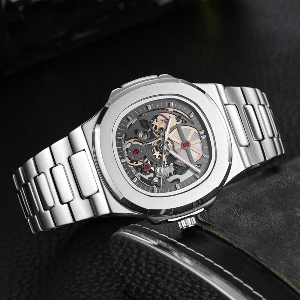 Высокое качество авто механические часы скелет бизнес из нержавеющей стали тонкие наручные часы светящиеся водонепроницаемые модные часы