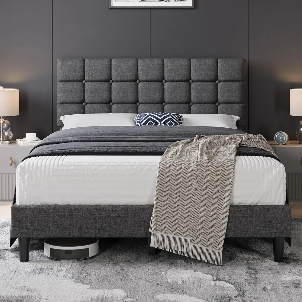 

Yaheetech Upholstered Bed Frame, Modern Queen Bed Platform with Square Stitched&Button Tufting Headboard Height Adjustable, Wood